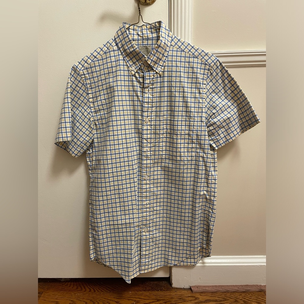 J. Crew short sleeve button down shirt. Yellow, blue, and white gingham.